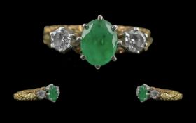 Ladies 18ct Gold Three Stone Emerald and Diamond Set Ring of pleasing quality, with full hallmark to