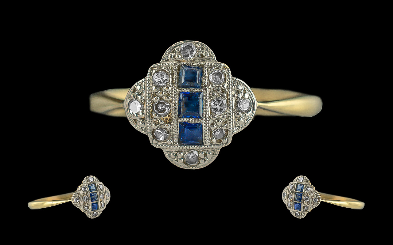 Edwardian Period 1901 - 1910 18ct gold and platinum petite diamond and sapphire set ring. pleasing