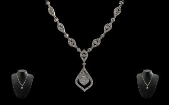 Ladies - Excellent quality and elegant 18ct White Gold Diamond set Necklace with drop, marked