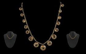 Antique Period Ladies 9ct Gold Citrine Set Necklace - Marked 9ct. The Well Matched Round Faceted