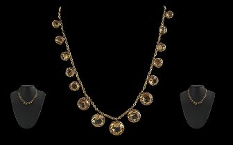 Antique Period Ladies 9ct Gold Citrine Set Necklace - Marked 9ct. The Well Matched Round Faceted