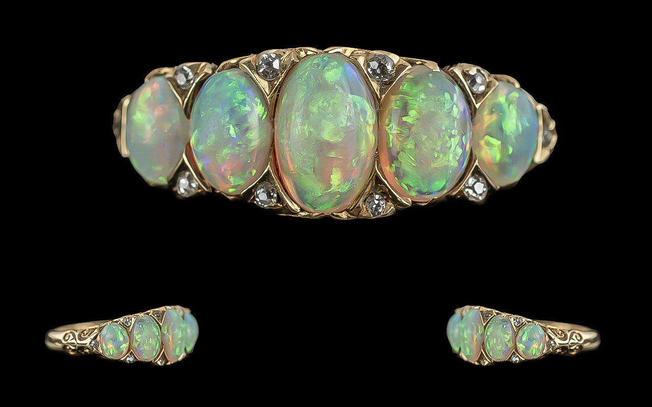 Late Victorian period 1837 - 1901 superb ladies 18ct gold 5 stone opal set ring, with diamond
