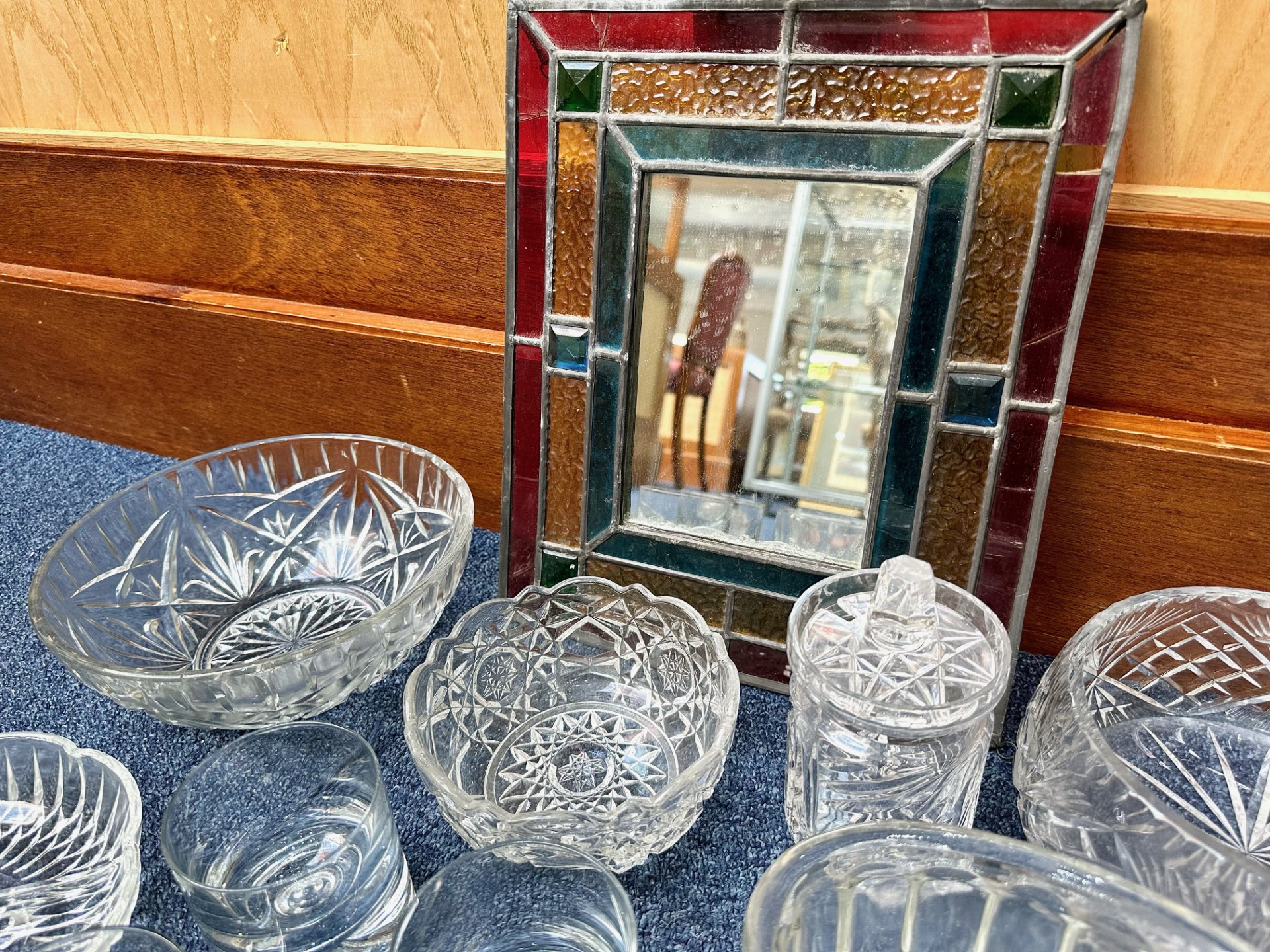 Collection of Vintage Glassware, including jelly moulds, stained glass edged mirror, bowls, lidded - Image 3 of 3