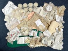 Box of Vintage Linen & Crochet, including tablecloths, napkins, antimacassers, doilies, assorted