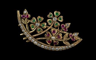 Antique Period - Pleasing Quality 15ct Gold Diamond / Emerald / Ruby Set Brooch. c.1890's. The