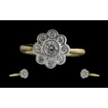 Ladies - 18ct Gold Attractive Diamond Set Cluster RIng. flower head setting. not marked but tests