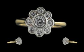 Ladies - 18ct Gold Attractive Diamond Set Cluster RIng. flower head setting. not marked but tests