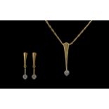 18ct Gold Necklace With Attached Diamond Set Pendant Drop - With Matching Pair Of 18ct Gold