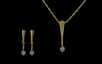 18ct Gold Necklace With Attached Diamond Set Pendant Drop - With Matching Pair Of 18ct Gold