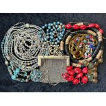 Vintage costume jewellery. glass beads, necklaces, enamel, large stone set, mesh purse etc.