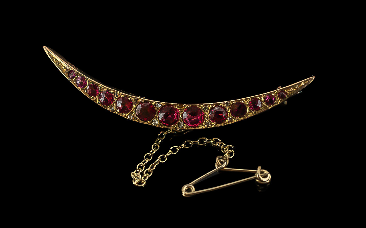 Antique Period - Attractive 9ct Gold Ruby Set Crescent Shaped Brooch, marked 9.375, well matched