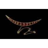 Antique Period - Attractive 9ct Gold Ruby Set Crescent Shaped Brooch, marked 9.375, well matched