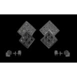 Pair Of 18ct White Gold Diamond Earrings, Of Square Form Set With Modern Round Cut Black And White