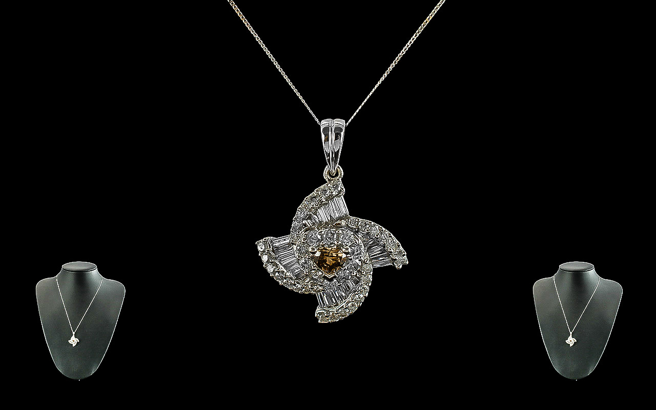 Ladies Superb Quality 18ct White Gold Baguette And Brilliant Cut Diamond Set Pendant Drop - With