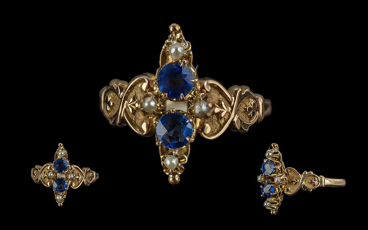 Victorian period 1837 - 1901 ladies 9ct gold pleasing quality sapphire and pearl set ring. well