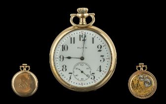 Elgin watch company 15 jewels gold filled keyless screw back open faced pocket watch, warranted to