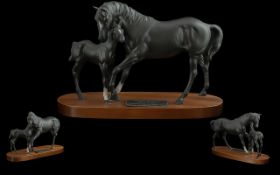 Beswick Hand Painted Horse Figure - 'Black Beauty And Foal' Raised On Wooden Plinth. Designer Graham