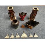 Box of Painted Wooden Ornaments, including Deco style black and orange diamond vase No. 893, two