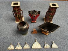 Box of Painted Wooden Ornaments, including Deco style black and orange diamond vase No. 893, two