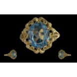 Ladies 14ct Gold Single Blue Stone Set Ring, Ornate Open worked Setting, Not Marked but tests 14ct