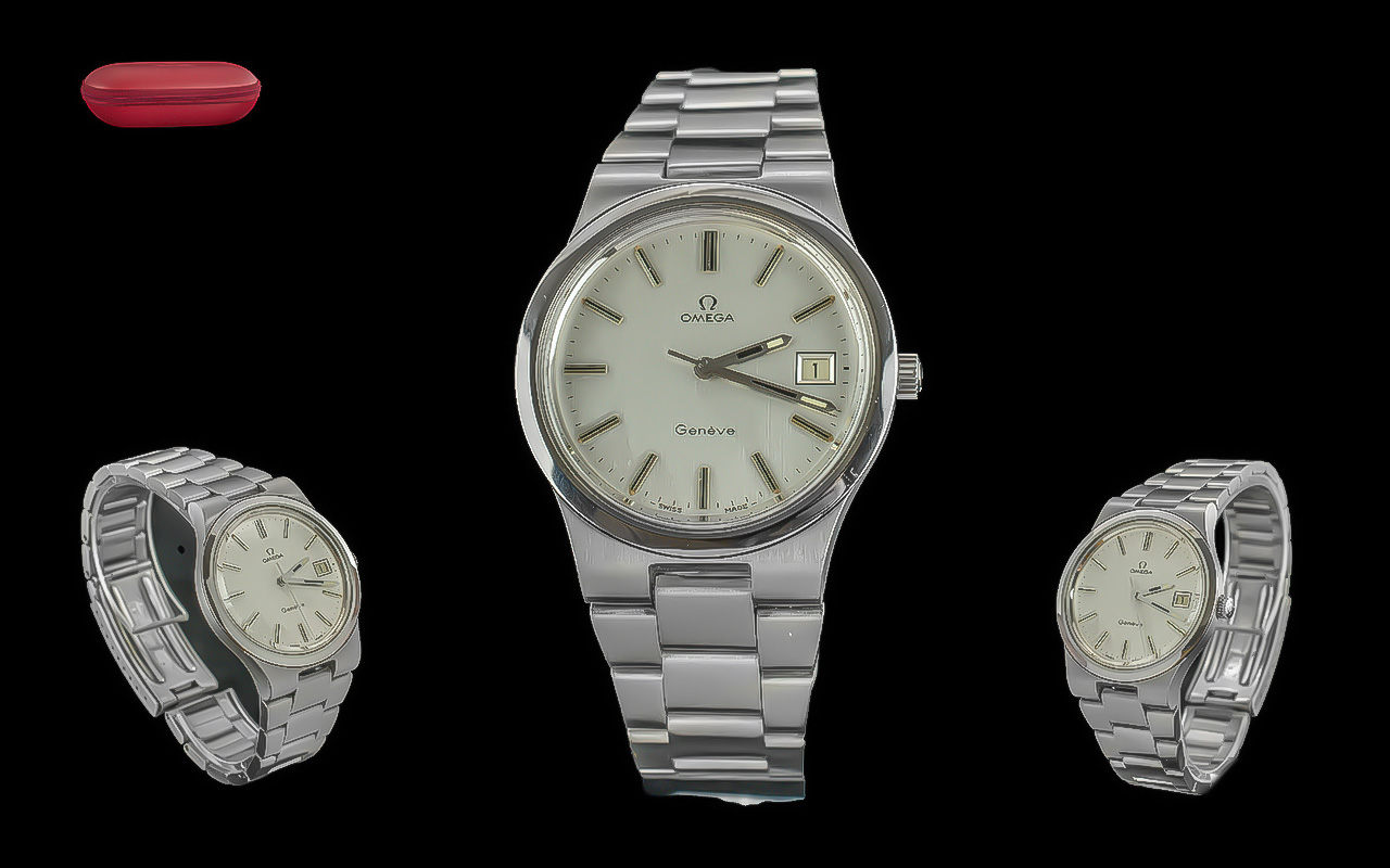 Omega - Geneve all original gents stainless steel automatic wrist watch. features white dial, silver