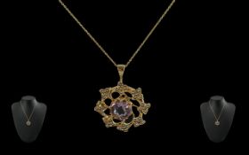 Victorian Period 1837 - 1901 Ladies 9ct Gold - Attractive Amethyst and Seed Pearl Set Pendant,