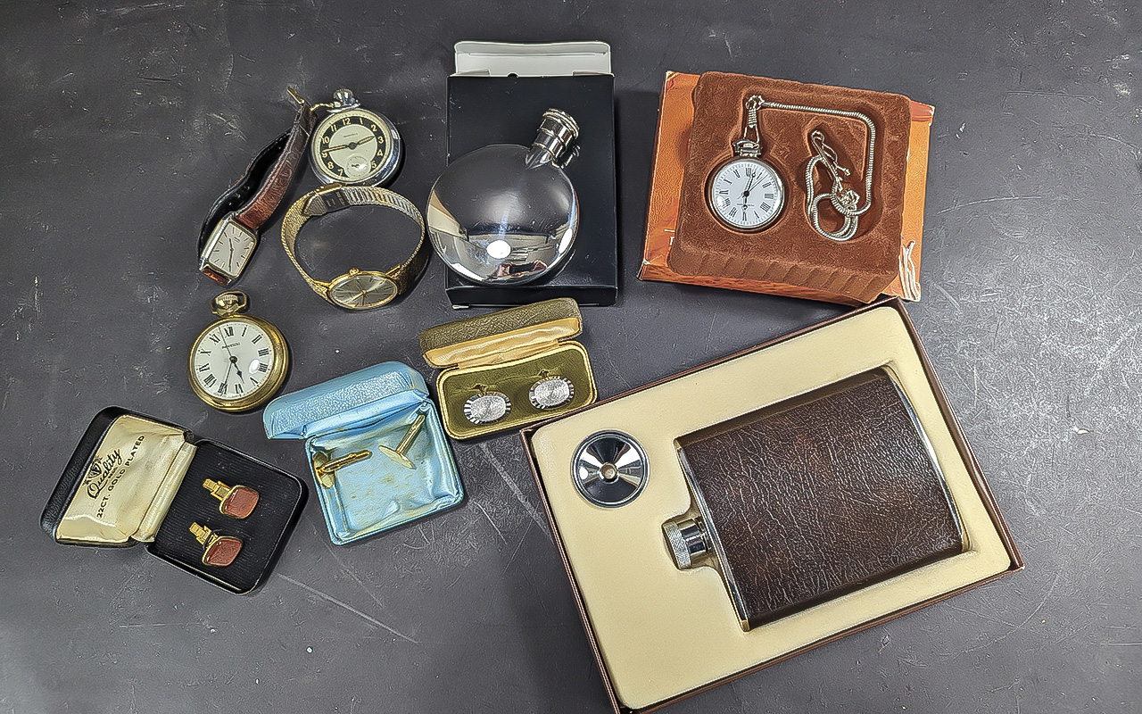 Assortment of Collectible Items, including boxed hip flask, boxed pocket watch, small hip flask
