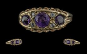 Victorian Period 1837 - 1901 Ladies 9ct Gold Amethyst and Diamond Set Ring, Open worked Raised