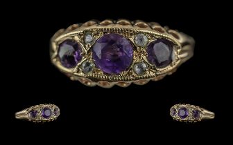 Victorian Period 1837 - 1901 Ladies 9ct Gold Amethyst and Diamond Set Ring, Open worked Raised