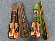 Two Vintage Violins, both in fitted cases, as found.