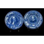 Two Blue and White Staffordshire Plates, one with an image of William Shakespeare and one with