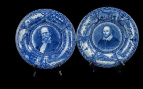 Two Blue and White Staffordshire Plates, one with an image of William Shakespeare and one with