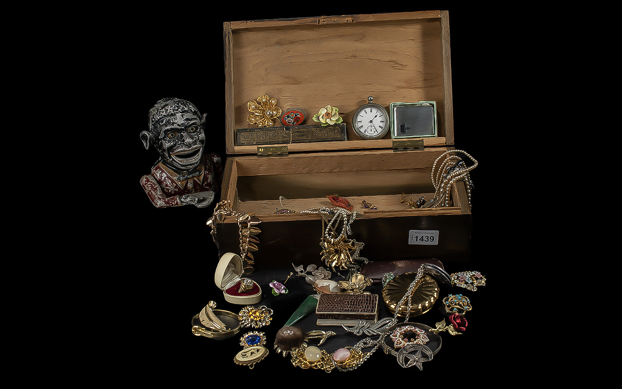 Box of Costume Jewellery & Collectibles, including 'Jolly Boy' metal savings bank, vintage boxed