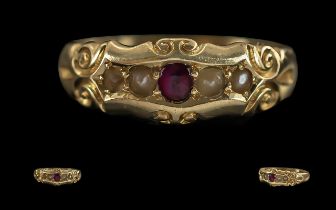 Antique Period - Attractive Ladies 18ct Gold Pearl and Ruby Set Ring, fancy setting, full hallmark