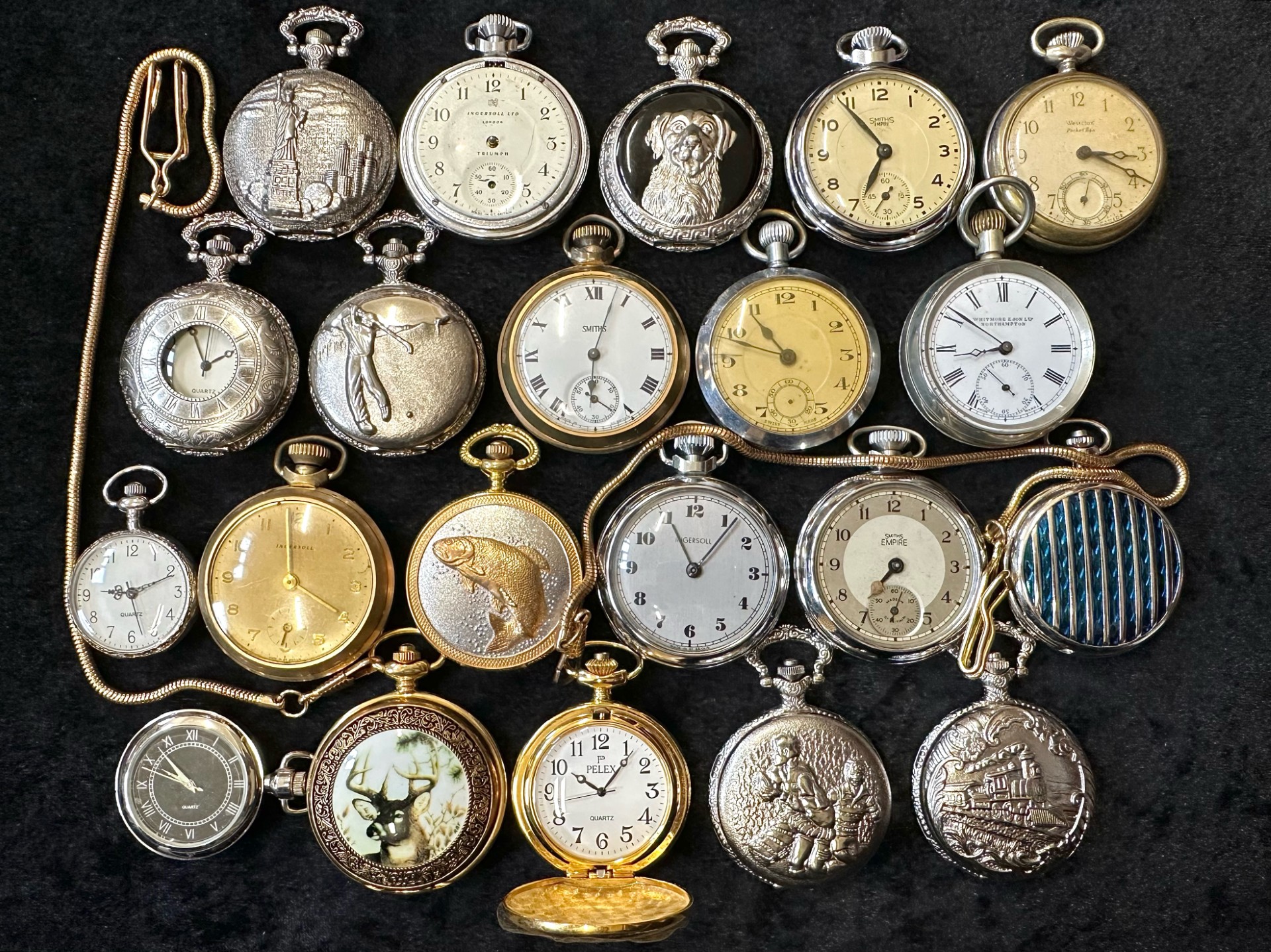 Large Collection of Assorted Pocket Watches, assorted sizes, makes and designs. Makes include