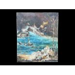 Large Oil on Canvas Painting depicting a colourful scene of a ship on the sea at night. Measures