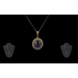 Ladies - Attractive 9ct Gold Amethyst and Seed Pearl Set Pendant of Small Proportions, With Attached