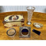 Four Silver Items, including a silver frame (as found), a silver bowl, a silver topped vase, and a