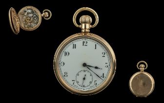 Swiss made gold plated keyless open faced pocket watch, gold with composition between and guaranteed