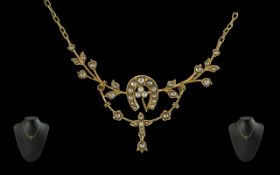 Victorian Period - Ladies Exquisite 15ct Gold Seed Pearl Set Ornate Necklace, Marked 625 - 15ct, The