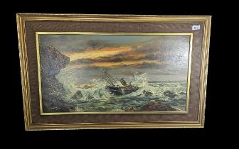 Keith Sutton Boating Scene, oil on board, mounted and framed, depicts a trawler in rough sea. Signed