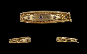 Antique Period Ladies - Pleasing Quality 9ct Gold Ruby and Diamond Set Hinged Bangle, Pleasing