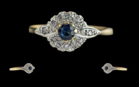 Ladies - 18ct Gold Petite Sapphire and Diamond Set Dress Ring, flower head setting, hallmark