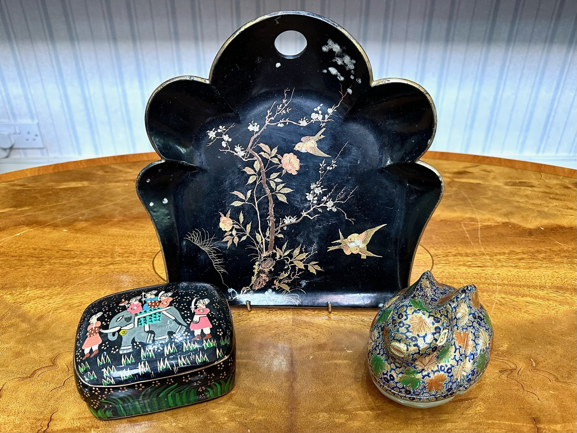 Three Victorian Papier Mache Items, including a lidded box, a box in the form of a duck, and a crumb