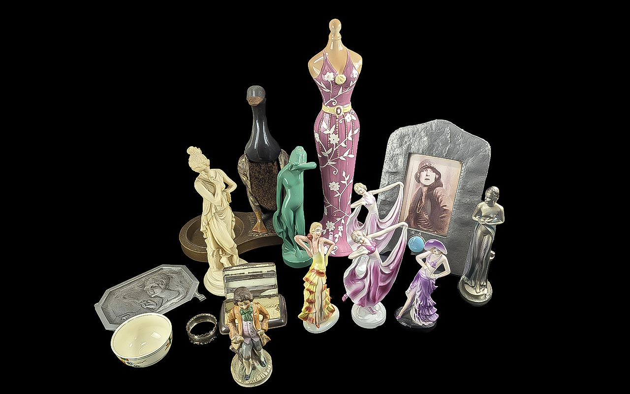 Box of Collectibles, including a vintage duck stand clothes brush, 8 porcelain figurines, pewter