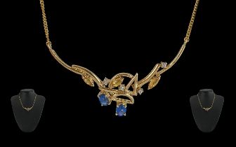 Ladies Excellent Quality 18ct Gold Diamond, Blue Sapphire & Citrine Set Necklace of Pleasing Design.