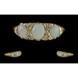 Antique Period Attractive 18ct Gold Opal and Diamond Set Ring. Ornate Raised Setting, Marked 18ct to