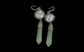 Pearl & Jade Drop Earrings, marked 925. Circular pearl and crystal set above jade drops.