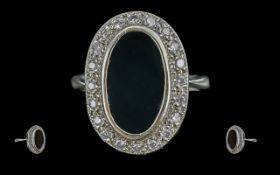Ladies Platinum Diamond And Black Agate Set Cluster Ring - Not Marked Tests Platinum. The Central