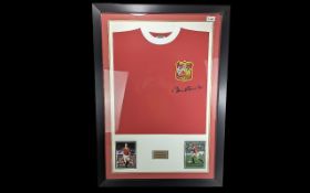 Football Interest - Framed Bobby Charlton Signed Shirt, measures 35'' x 24''. Brass plaque inscribed